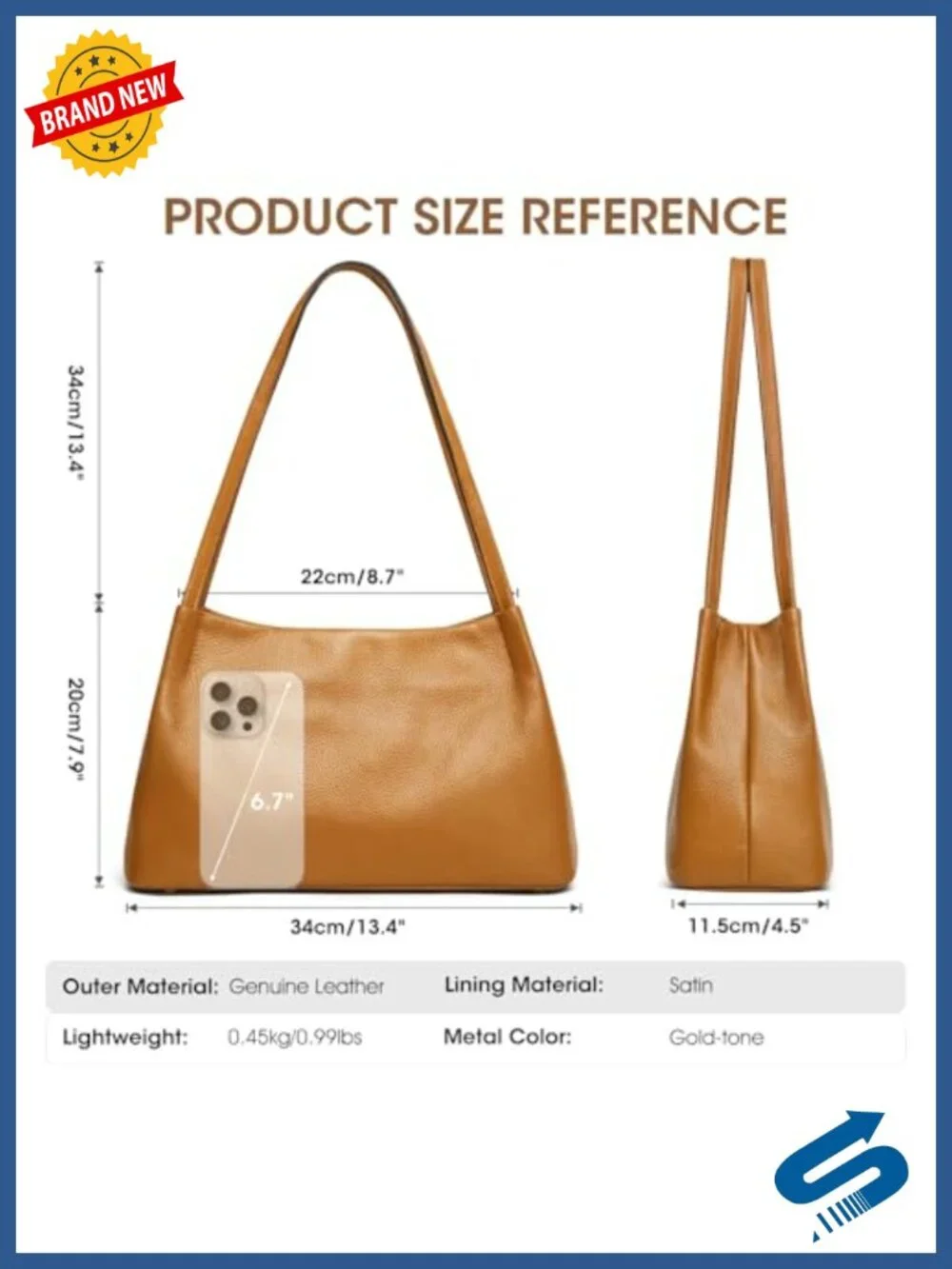 Genuine Leather Hobo Bag with Gold Hardware, Fits 7.9